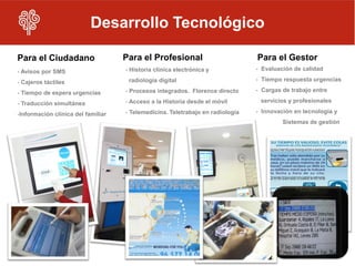 Desarrollo Tecnológico

Para el Ciudadano                   Para el Profesional                         Para el Gestor
- Avisos por SMS                    - Historia clínica electrónica y            - Evaluación de calidad

- Cajeros táctiles                   radiología digital                         - Tiempo respuesta urgencias

- Tiempo de espera urgencias        - Procesos integrados. Florence directo     - Cargas de trabajo entre

- Traducción simultánea             - Acceso a la Historia desde el móvil        servicios y profesionales

-Información clínica del familiar   - Telemedicina. Teletrabajo en radiología   - Innovación en tecnología y
                                                                                         Sistemas de gestión
 