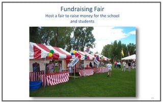 13
Fundraising Fair
Host a fair to raise money for the school
and students
 