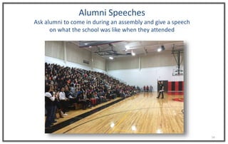 14
Alumni Speeches
Ask alumni to come in during an assembly and give a speech
on what the school was like when they attended
 