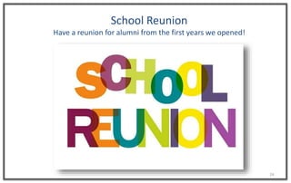 24
School Reunion
Have a reunion for alumni from the first years we opened!
 