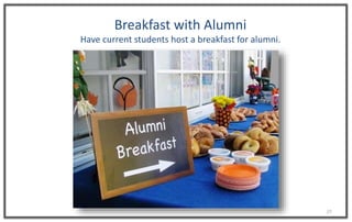 27
Breakfast with Alumni
Have current students host a breakfast for alumni.
 