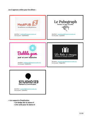 Les 5 agences créées pour les élèves :
> Les supports d’implication
> Un badge dès la séance 4
> Une carte pour la séance 6
15/30
 