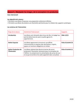 Séance 5_ Manipuler les images, de la conception à la production
Avec intervenant
Les objectifs de la séance :
> Permettre aux élèves d’esquisser une proposition cohérente d’affiches
> Permettre aux élèves de produire une illustration pertinente pour la création des supports numériques.
Les contenus de l’intervention
Étape de la séance Activité de l’intervenant Supports
Introduction Les élèves sont réinvestis dans le jeu de rôle. Un badge leur
permet désormais de savoir à quelle agence ils
appartiennent.
Slide 1/2/3
Atelier Esquisse Les élèves apprennent à structurer une affiche
communicante en esquisse avec des feutres, crayons,
papiers et mentions obligatoires en sticker.
Fiche d’activité 10
Atelier Production de
l’illustration
Les élèves réalisent des dessins et prises de vue et
produisent l’illustration nécessaire pour la conception de
l’affiche. Ils comprennent la scénarisation des prises de vue
et ce que la lumière et le cadre apportent dans une photo.
Fiche d’activité 11
24/30
 