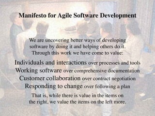 Manifesto for Agile Software Development 
! 
! 
! 
We are uncovering better ways of developing 
software by doing it and helping others do it. 
Through this work we have come to value: 
Individuals and interactions over processes and tools 
Working software over comprehensive documentation 
Customer collaboration over contract negotiation 
Responding to change over following a plan 
That is, while there is value in the items on 
the right, we value the items on the left more. 
 