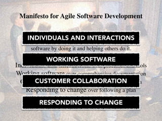 Manifesto for Agile Software Development 
! 
! 
! 
INDIVIDUALS AND INTERACTIONS 
We are uncovering better ways of developing 
software by doing it and helping others do it. 
Through this work we have come to value: 
WORKING SOFTWARE 
Individuals and interactions over processes and tools 
Working software over comprehensive documentation 
Customer collaboration over contract negotiation 
CUSTOMER COLLABORATION 
Responding to change over following a plan 
RESPONDING TO CHANGE 
That is, while there is value in the items on 
the right, we value the items on the left more. 
 