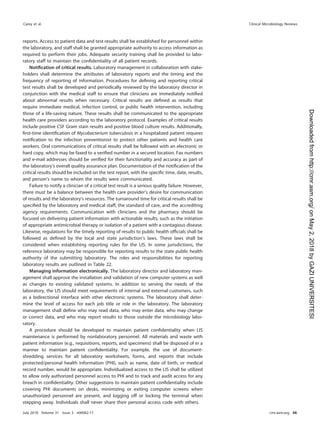 reports. Access to patient data and test results shall be established for personnel within
the laboratory, and staff shall be granted appropriate authority to access information as
required to perform their jobs. Adequate security training shall be provided to labo-
ratory staff to maintain the conﬁdentiality of all patient records.
Notiﬁcation of critical results. Laboratory management in collaboration with stake-
holders shall determine the attributes of laboratory reports and the timing and the
frequency of reporting of information. Procedures for deﬁning and reporting critical
test results shall be developed and periodically reviewed by the laboratory director in
conjunction with the medical staff to ensure that clinicians are immediately notiﬁed
about abnormal results when necessary. Critical results are deﬁned as results that
require immediate medical, infection control, or public health intervention, including
those of a life-saving nature. These results shall be communicated to the appropriate
health care providers according to the laboratory protocol. Examples of critical results
include positive CSF Gram stain results and positive blood culture results. Additionally,
ﬁrst-time identiﬁcation of Mycobacterium tuberculosis in a hospitalized patient requires
notiﬁcation to the infection preventionist to protect other patients and health care
workers. Oral communications of critical results shall be followed with an electronic or
hard copy, which may be faxed to a veriﬁed number in a secured location. Fax numbers
and e-mail addresses should be veriﬁed for their functionality and accuracy as part of
the laboratory’s overall quality assurance plan. Documentation of the notiﬁcation of the
critical results should be included on the test report, with the speciﬁc time, date, results,
and person’s name to whom the results were communicated.
Failure to notify a clinician of a critical test result is a serious quality failure. However,
there must be a balance between the health care provider’s desire for communication
of results and the laboratory’s resources. The turnaround time for critical results shall be
speciﬁed by the laboratory and medical staff, the standard of care, and the accrediting
agency requirements. Communication with clinicians and the pharmacy should be
focused on delivering patient information with actionable results, such as the initiation
of appropriate antimicrobial therapy or isolation of a patient with a contagious disease.
Likewise, regulations for the timely reporting of results to public health ofﬁcials shall be
followed as deﬁned by the local and state jurisdiction’s laws. These laws shall be
considered when establishing reporting rules for the LIS. In some jurisdictions, the
reference laboratory may be responsible for reporting results to the state public health
authority of the submitting laboratory. The roles and responsibilities for reporting
laboratory results are outlined in Table 22.
Managing information electronically. The laboratory director and laboratory man-
agement shall approve the installation and validation of new computer systems as well
as changes to existing validated systems. In addition to serving the needs of the
laboratory, the LIS should meet requirements of internal and external customers, such
as a bidirectional interface with other electronic systems. The laboratory shall deter-
mine the level of access for each job title or role in the laboratory. The laboratory
management shall deﬁne who may read data, who may enter data, who may change
or correct data, and who may report results to those outside the microbiology labo-
ratory.
A procedure should be developed to maintain patient conﬁdentiality when LIS
maintenance is performed by nonlaboratory personnel. All materials and waste with
patient information (e.g., requisitions, reports, and specimens) shall be disposed of in a
manner to maintain patient conﬁdentiality. For example, the use of document-
shredding services for all laboratory worksheets, forms, and reports that include
protected/personal health information (PHI), such as name, date of birth, or medical
record number, would be appropriate. Individualized access to the LIS shall be utilized
to allow only authorized personnel access to PHI and to track and audit access for any
breach in conﬁdentiality. Other suggestions to maintain patient conﬁdentiality include
covering PHI documents on desks, minimizing or exiting computer screens when
unauthorized personnel are present, and logging off or locking the terminal when
stepping away. Individuals shall never share their personal access code with others.
Carey et al. Clinical Microbiology Reviews
July 2018 Volume 31 Issue 3 e00062-17 cmr.asm.org 56
on
May
2,
2018
by
GAZI
UNIVERSITESI
http://cmr.asm.org/
Downloaded
from
 