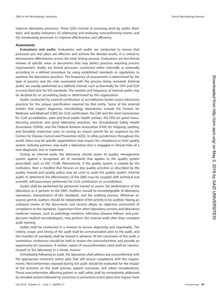 improve laboratory processes. These QSEs include (i) assessing work by audits, feed-
back, and quality indicators; (ii) addressing and analyzing nonconforming events; and
(iii) reevaluating processes to improve effectiveness and efﬁciency.
Assessments
Evaluations and audits. Evaluations and audits are conducted to ensure that
processes put into place are effective and achieve the desired results. It is critical to
demonstrate effectiveness across the total testing process. Evaluations are less-formal
reviews of speciﬁc areas or documents that may detect practices requiring process
improvement. Audits are formal processes conducted either internally or externally
according to a deﬁned procedure by using established standards or regulations to
examine the laboratory practices. The frequency of assessments is determined by the
type of process and the risks associated with the process being reviewed. External
audits are usually performed at a deﬁned interval, such as biennially for CAP and CLIA
or every third year for ISO standards. The number and frequency of internal audits may
be dictated by an accrediting body or determined by the organization.
Audits conducted by external certiﬁcation or accreditation bodies assess laboratory
practices for the unique speciﬁcation required by that entity. Some of the external
entities that inspect diagnostic microbiology laboratories include the Centers for
Medicare and Medicaid (CMS) for CLIA certiﬁcation, the CAP and the Joint Commission
for CLIA accreditation, state and local public health entities, the FDA for good manu-
facturing practices and good laboratory practices, the Occupational Safety Health
Association (OSHA), and the Federal Aviation Association (FAA) for shipping, packing,
and biosafety inspection prior to issuing an import permit for an organism by the
Centers for Disease Control and Prevention (CDC). In other jurisdictions throughout the
world, there may be speciﬁc organizations that inspect for compliance to their quality
system. Industry partners may audit a laboratory that is engaged in clinical trials of a
new diagnostic test or treatment.
During an internal audit, the laboratory should assess its quality management
system against a recognized set of standards that applies to the quality system
prescribed, such as ISO 15189. Alternatively, if the quality system is created by the
institution, then a checklist that focuses on key quality activities as described by the
quality manual and quality policy may be used to audit the quality system. Internal
audits to determine the effectiveness of the QMS may be coupled with technical and
scientiﬁc self-assessment performed for CLIA certiﬁcation or accreditation.
Audits shall be performed by personnel trained to assess the performance of the
laboratory as it pertains to the QMS. Auditors should be knowledgeable of laboratory
operations, interpretation of the standards, and the auditing process. Wherever re-
sources permit, auditors should be independent of the activity to be audited. Having an
unbiased review of the documents and records allows an objective assessment of
compliance to the standards. Supervisors from other laboratory sections and laboratory
medicine trainees, such as pathology residents, infectious diseases fellows, and post-
doctoral medical microbiologists, may perform the internal audit after they complete
audit training.
Audits shall be conducted in a manner to ensure objectivity and impartiality. The
criteria, scope, and timing of the audit shall be communicated prior to the audit, and
the checklist of standards shall be shared in advance. At the conclusion of the audit, a
summation conference should be held to review the nonconformities and provide an
opportunity for questions. A written report of nonconformities cited shall be commu-
nicated to the laboratory in a timely manner.
Immediately following an audit, the laboratory shall address any nonconformity with
the appropriate corrective action plan that will ensure compliance with the require-
ments. Nonconformities exposed during the audit should be evaluated for the impact
of the activities on the work process, patient outcomes, and safety considerations.
Those nonconformities affecting patient or staff safety shall be immediately addressed
by remedial actions followed by corrective or preventive action plans that require more
QMS in the Microbiology Laboratory Clinical Microbiology Reviews
July 2018 Volume 31 Issue 3 e00062-17 cmr.asm.org 59
on
May
2,
2018
by
GAZI
UNIVERSITESI
http://cmr.asm.org/
Downloaded
from
 