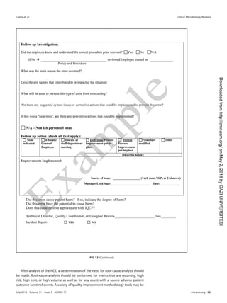After analysis of the NCE, a determination of the need for root-cause analysis should
be made. Root-cause analysis should be performed for events that are recurring, high
risk, high cost, or high volume as well as for any event with a severe adverse patient
outcome (sentinel event). A variety of quality improvement methodology tools may be
FIG 13 (Continued)
Carey et al. Clinical Microbiology Reviews
July 2018 Volume 31 Issue 3 e00062-17 cmr.asm.org 66
on
May
2,
2018
by
GAZI
UNIVERSITESI
http://cmr.asm.org/
Downloaded
from
 