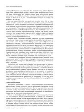 used to perform a root-cause analysis, including process mapping, ﬁshbone diagrams,
Pareto charts, and failure mode and effects analysis (FMEA). A simple technique of the
“ﬁve whys,” which is asking “why” ﬁve times to probe deeper to ﬁnd the root cause of
a problem, can be useful for investigation. Examples of tools to perform a root-cause
analysis are shown in Fig. 14, and a more detailed discussion can be found in CLSI
document QMS11-A (34).
Once root-cause analysis has been performed, corrective action shall be imple-
mented. Corrective action is the action taken to remove the cause of a nonconformity.
The immediate action to resolve the nonconformity is remedial action. Determination
of the cause may or may not require implementation of the tools described as part of
root-cause analysis. For example, a technologist reports Borrelia caucasica rather than
Burkholderia cepacia complex from a bacterial culture. The remedial action is to issue a
corrected report and notify the provider with the correction. The cause is that the
mnemonics used to report the two organisms (BOCC and BUCC, respectively) are too
similar. The corrective action is to remove the mnemonic BOCC, as it is unlikely that this
organism would be reported from a culture.
Preventive action is proactive action taken to eliminate the cause of the potential
nonconformity. A preventive action plan shall be developed for high-risk events. As
with corrective action, the effectiveness of the preventive action shall be monitored.
The laboratory shall have a process for identifying potential NCEs (near misses) that
require preventive action. This can be accomplished by performing a risk analysis using
a ﬁshbone diagram, an external quality assessment, or FMEA. For example, a technol-
ogist located an empty specimen container but failed to locate aliquots of a sample and
reported the sample as having an insufﬁcient quantity to perform additional testing.
The aliquots were later located, and testing was performed. As part of the FMEA shown
in Fig. 15, preventive action was initiated to store empty sample containers and their
aliquots in the same resealable bag to prevent this from happening in the future.
It is imperative that a review of outcomes of the corrective and preventive action
plans occurs as part of the NCE management program. This can be handled as part of
the continual improvement process of the laboratory or less formally by elimination of
the NCE recurrence.
The ﬁnal step is to provide data and analysis in a summary report to laboratory
management. Laboratory management shall determine the priority for problem reso-
lution and coordinate with risk management for prioritization. Consideration should be
given to the frequency of the event, the risk of patient harm, the risk to laboratory
accreditation, customer satisfaction, and the cost of the occurrence of the event when
determining priority. Laboratory management should determine the need for root-
cause analysis and allocate appropriate resources. Recurring NCEs that are high-risk
events should be identiﬁed as opportunities for improvement (OFIs) as part of the
continual improvement process. The roles and responsibilities for managing NCEs are
listed in Table 27.
Continual Improvement
The continual improvement (CI) process is a key component of the quality man-
agement system. Through this process, OFIs are identiﬁed and acted upon to improve
outcomes and customer satisfaction. Activities shall be prioritized based upon risk
assessment. Quality improvement models and tools should be used to generate
improvement plans. Plans shall be documented and implemented. The effectiveness of
the plan shall be determined through ongoing review (35).
OFIs can be identiﬁed proactively and not just as a reaction to a problem. Not all
OFIs need to be major changes; small improvements are not only easy to implement
but also extremely valuable. OFIs can be identiﬁed from four quality system essentials,
organization, customer, assessments, and nonconforming events, or by the laboratory
staff. OFIs can be planned activities as part of the quality management system. They can
be identiﬁed through customer and/or staff feedback solicited through surveys;
strength, weakness, opportunity, threat (SWOT) analyses; literature review; the institu-
QMS in the Microbiology Laboratory Clinical Microbiology Reviews
July 2018 Volume 31 Issue 3 e00062-17 cmr.asm.org 67
on
May
2,
2018
by
GAZI
UNIVERSITESI
http://cmr.asm.org/
Downloaded
from
 