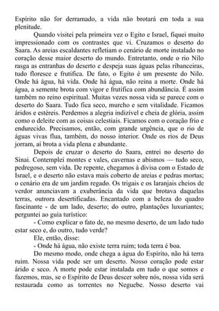 Espírito não for derramado, a vida não brotará em toda a sua
plenitude.
Quando visitei pela primeira vez o Egito e Israel, fiquei muito
impressionado com os contrastes que vi. Cruzamos o deserto do
Saara. As areias escaldantes refletiam o cenário de morte instalado no
coração desse maior deserto do mundo. Entretanto, onde o rio Nilo
rasga as entranhas do deserto e despeja suas águas pelas ribanceiras,
tudo floresce e frutifica. De fato, o Egito é um presente do Nilo.
Onde há água, há vida. Onde há água, não reina a morte. Onde há
água, a semente brota com vigor e frutifica com abundância. É assim
também no reino espiritual. Muitas vezes nossa vida se parece com o
deserto do Saara. Tudo fica seco, murcho e sem vitalidade. Ficamos
áridos e estéreis. Perdemos a alegria indizível e cheia de glória, assim
como o deleite com as coisas celestiais. Ficamos com o coração frio e
endurecido. Precisamos, então, com grande urgência, que o rio de
águas vivas flua, também, do nosso interior. Onde os rios de Deus
jorram, aí brota a vida plena e abundante.
Depois de cruzar o deserto do Saara, entrei no deserto do
Sinai. Contemplei montes e vales, cavernas e abismos — tudo seco,
pedregoso, sem vida. De repente, chegamos à divisa com o Estado de
Israel, e o deserto não estava mais coberto de areias e pedras mortas;
o cenário era de um jardim regado. Os trigais e os laranjais cheios de
verdor anunciavam a exuberância da vida que brotava daquelas
terras, outrora desertificadas. Encantado com a beleza do quadro
fascinante - de um lado, deserto; do outro, plantações luxuriantes;
perguntei ao guia turístico:
- Como explicar o fato de, no mesmo deserto, de um lado tudo
estar seco e, do outro, tudo verde?
Ele, então, disse:
- Onde há água, não existe terra ruim; toda terra é boa.
Do mesmo modo, onde chega a água do Espírito, não há terra
ruim. Nossa vida pode ser um deserto. Nosso coração pode estar
árido e seco. A morte pode estar instalada em tudo o que somos e
fazemos, mas, se o Espírito de Deus descer sobre nós, nossa vida será
restaurada como as torrentes no Neguebe. Nosso deserto vai
 