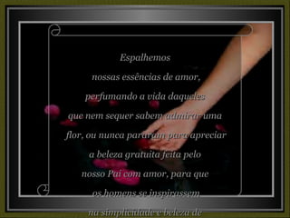 Espalhemos nossas essências de amor, perfumando a vida daqueles que nem sequer sabem admirar uma flor, ou nunca pararam para apreciar a beleza gratuita feita pelo nosso Pai com amor, para que os homens se inspirassem na simplicidade e beleza de uma simples flor. 