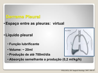 Derrame Pleural
•Espaço entre as pleuras: virtual
•Líquido pleural
• Função lubrificante
• Volume: ~ 20ml
• Produção de até 700ml/dia
• Absorção semelhante a produção (0,2 ml/kg/h)
POLLOCK, ER. Surgical Oncology. 2007; 180-187.
 