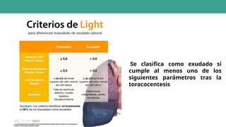 Se clasifica como exudado si
cumple al menos uno de los
siguientes parámetros tras la
toracocentesis
 