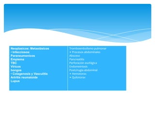 DERRAME PLEURAL EXUDATIVOS
Frecuentes poco frecuentes
Neoplasicos: Metastásicos
• Infecciosos:
Paraneumonicos
Empiema
TBC
Viricos
hongos
• Colagenosis y Vasculitis
Artritis reumatoide
Lupus
Tromboembolismo pulmonar
• Procesos abdominales
Absceso
Pancreatitis
Perforación esofágica
Endometriosis
Postcirugia abdominal
• Hemotorax
• Quilotorax
 