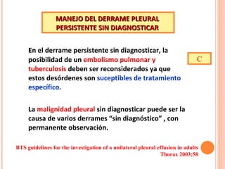En el derrame persistente sin diagnosticar, la posibilidad de un  embolismo pulmonar y tuberculosis  deben ser reconsiderados ya que estos desórdenes son  suceptibles de tratamiento específico. La  malignidad pleural  sin diagnosticar puede ser la causa de varios derrames “sin diagnóstico” , con permanente observación. MANEJO DEL DERRAME PLEURAL  PERSISTENTE SIN DIAGNOSTICAR  C BTS guidelines for the investigation of a unilateral pleural  effusion in adults Thorax 2003;58 