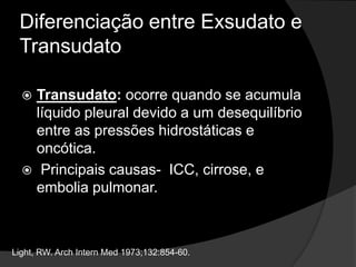 Aspecto do Derrame PleuralO odor do líquido pleural também fornece informações úteis. Um cheiro pútrido indica que provavelmente há infecção por anaeróbios.Um odor de urina indica provável urinotórax.Light, RW. ArchInternMed 1973;132:854-60.