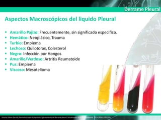 Derrame Pleural
Aspectos Macroscópicos del liquido Pleural
 Amarillo Pajizo: Frecuentemente, sin significado especifico.
 Hemático: Neoplásico, Trauma
 Turbio: Empiema
 Lechoso: Quilotorax, Colesterol
 Negro: Infección por Hongos
 Amarillo/Verdoso: Artritis Reumatoide
 Pus: Empiema
 Viscoso: Mesotelioma
Victoria Villena Garrido, Normativa sobre el diagnóstico y tratamiento del derrame pleural. Actualización Arch Bronconeumol. 2014;50(6):235–249
 