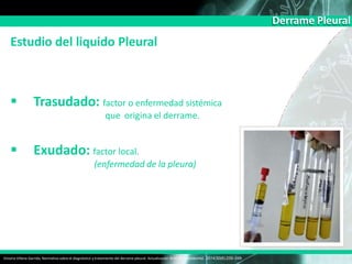 Derrame Pleural
Estudio del liquido Pleural
Victoria Villena Garrido, Normativa sobre el diagnóstico y tratamiento del derrame pleural. Actualización Arch Bronconeumol. 2014;50(6):235–249
 Trasudado: factor o enfermedad sistémica
que origina el derrame.
 Exudado: factor local.
(enfermedad de la pleura)
 
