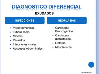 INFECCIONES
 Paraneumonicos.
 Tuberculosis.
 Micosis.
 Parasitos.
 Infecciones virales.
 Abscesos Abdominales.
NEOPLASIAS
 Carcinoma
Broncogenico.
 Carcinoma
metastasico.
 Linfoma.
 Mesotelioma.
EXUDADOS
Murray Nadel
 