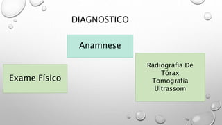 DIAGNOSTICO
Anamnese
Exame Físico
Radiografia De
Tórax
Tomografia
Ultrassom
 
