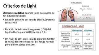 Criterios de Light
derrame exudativo cuando tiene cualquiera de
los siguientes signos:
• Relación proteína del líquido pleural/proteína
sérica >0,5
• Relación lactato deshidrogenasa (LDH) del
líquido fluido pleura/LDH sérica > 0,6
• Un nivel de LDH en el líquido pleural >200 UI/l
(o >67% del límite superior del rango normal
para el nivel sérico de LDH).
 