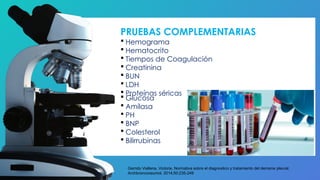 PRUEBAS COMPLEMENTARIAS
 Hemograma
 Hematocrito
 Tiempos de Coagulación
 Creatinina
 BUN
 LDH
 Proteínas séricas
 Glucosa
 Amilasa
 PH
 BNP
 Colesterol
 Bilirrubinas
Garrido Viallena, Victoria. Normativa sobre el diagnostico y tratamiento del derrame pleural.
Archbronconeumol. 2014;50:235-249
 