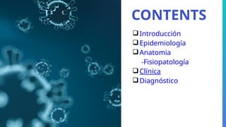 CONTENTS
Introducción
Epidemiología
Anatomia
-Fisiopatología
Clínica
Diagnóstico
 