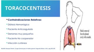 TORACOCENTESIS
Rodolfo Marquez Martin. Cirugía General para el medico general. Segunda Edicion. 2011, pag 183-185
 Contraindicaciones Relativas:
 Diátesis Hemorrágica
 Paciente Anticoagulado
 Derrames muy pequeños
 Paciente No cooperador
 Infección cutánea
 
