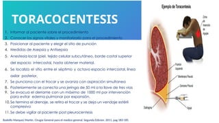 TORACOCENTESIS
Rodolfo Marquez Martin. Cirugía General para el medico general. Segunda Edicion. 2011, pag 183-185
1. Informar al paciente sobre el procedimiento
2. Conocer los signos vitales y monitorizarlo para el procedimiento
3. Posicionar al paciente y elegir el sitio de punción
4. Medidas de Asepsia y Antisepsia
5. Anestesia local (piel, tejido celular subcutáneo, borde costal superior
del espacio intercostal, hasta obtener material.
6. Se localiza el sitio entre el séptimo y octavo espacio intercostal, línea
axilar posterior,
7. Se punciona con el trocar y se avanza con aspiración simultanea
8. Posteriormente se conecta una jeringa de 50 ml a la llave de tres vías
9. Se evacua el derrame con un máximo de 1000 ml por intervención
para evitar edema pulmonar por expansión.
10.Se termina el drenaje, se retira el trocar y se deja un vendaje estéril
compresivo
11.Se debe vigilar al paciente post pleurocentesis
 