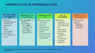 INTERPRETACION DE DETERMINACIONES
Glucosa < 60mg
% compatible
con
 Derrame
paraneumónico
complicado
• Neoplasia
• TBC
• Artritis
reumatoide
• Hemotorax
• S. Churg Strauss
• Lupus
Eritrocitos: liquido
sanguinolento
Hto 25- 50% del
sistémico
(hemotorax)
• Hto 1-20%
( trauma, TEP,
neoplasia)
• Hto < 1% no
significativo
Linfocitos: más del
50%
Tuberculosis
• Linfoma
• Micosis
• Neoplasias
• Sarcoidosis
• Artritis
Reumatoide
• Post by pass
coronario
PH< 7,2
compatible
Empiema
• Derrame
paraneumónic
o complicado
• TBC
• Neoplasia
• Hemotórax
• Ruptura
esofágica
• Artritis
reumatoide
• Acidosis
sistémica
Amilasa superior al
límite normal sérico
compatible con
Pancreatitis
aguda
• Ruptura
esofágica
• Neoplasia
Victoria Villena Garrido, Normativa sobre el diagnóstico y tratamiento del derrame pleural. Actualización Arch Bronconeumol.
2014;50(6):235–249
 