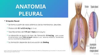 ANATOMIA
PLEURAL
 El Liquido Pleural
 Se forma a partir de vasos sistémicos de las membranas pleurales.
 Producción 0.1 a 0.2 mL/kg (5-15 ml)
 Tasa Recambio del 11% en 1 hora (0.01ml/kg/hr)
 La absorción es igual a la tasa de formación 0.1mL/kg, pero puede
incrementarse hasta 0.28 mL/kg/hr debido a los estomas linfáticos, favorecidos
por los movimientos Respiratorios.
 Su formación depende de la ecuación de Starling
Jones J, Sharma R, González Herrera G, et al. Derrame pleural. Artículo de referencia, Radiopaedia.org (consultado el 12 de julio de 2024)
https://doi.org/10.53347/rID-6159
 