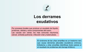 Los derrames
exudativos
Por procesos locales que produce un exudado de líquido,
proteínas, células y otros componentes del suero.
Las causas son varias; los más comunes neumonía,
cáncer, embolia pulmonar, infección viral y tuberculosis.
El síndrome de las uñas amarillas es un trastorno raro
que causa derrames pleurales exudativos crónicos,
linfedema y uñas amarillas distróficas (todo parece si
el resultado de problemas del drenaje linfático).
 