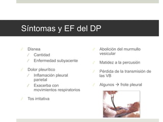 Síntomas y EF del DP 
 Disnea 
 Cantidad 
 Enfermedad subyacente 
 Dolor pleurítico 
 Inflamación pleural 
parietal 
 Exacerba con 
movimientos respiratorios 
 Tos irritativa 
 Abolición del murmullo 
vesicular 
 Matidez a la percusión 
 Pérdida de la transmisión de 
las VB 
 Algunos  frote pleural 
 
