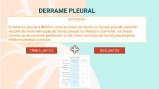 DERRAME PLEURAL
DEFINIÇÃO
O derrame pleural é definido como excesso de liquido no espaço pleural, podendo
resultar de maior formação de líquido pleural no interstício pulmonar, na pleura
parietal ou na cavidade peritoneal, ou da menor remoção de líquido pleural pelos
linfáticos pleurais parietais.
TRANSUDATOS EXSUDATOS
 