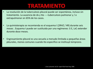 TRATAMIENTO
• La resolución de la tuberculosis pleural puede ser espontánea, incluso sin
tratamiento. La ausencia de dx y tto ----tuberculosis pulmonar y / o
extrapulmonar en 65% de los casos.
• La quimioterapia se recomienda es el esquema I (2RHZ / 4R) durante seis
meses . Esquema I puede ser sustituida por una regímenes :S E, Lxf, extender
durante doce meses.
• Engrosamiento pleural es una secuela a menudo limitada a pequeñas áreas
pleurales, menos comunes cuando tto especifico se instituyó temprano.
J. bras. pneumol. vol.32 suppl.4 São Paulo Aug. 2006
 