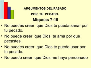 ARGUMENTOS DEL PASADO  POR  TU  PECADO.   Miqueas 7-19 No puedes creer  que Dios te pueda sanar por  tu pecado. No puede creer  que Dios  te ama por que pecastes. No puedes creer  que Dios te pueda usar por  tu pecado. No puedo creer  que Dios me haya perdonado 