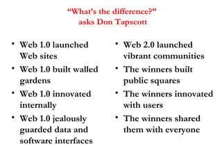 “ What’s the difference?”  asks Don Tapscott <ul><li>Web 1.0 launched Web sites </li></ul><ul><li>Web 1.0 built walled gar...