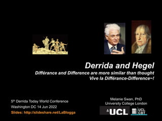 Derrida and Hegel
Différance and Difference are more similar than thought
Vive la Différance-Difference~!
5th Derrida Today World Conference
Washington DC 14 Jun 2022
Slides: http://slideshare.net/LaBlogga
Melanie Swan, PhD
University College London
 