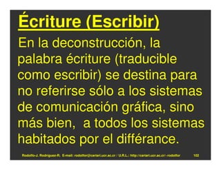 Écriture (Escribir)
En la deconstrucción, la
palabra écriture (traducible
como escribir) se destina para
no referirse sólo a los sistemas
de comunicación gráfica, sino
más bien, a todos los sistemas
habitados por el différance.
Rodolfo-J. Rodríguez-R. E-mail: rodolfor@cariari.ucr.ac.cr / U.R.L.: http://cariari.ucr.ac.cr/~rodolfor   102
 