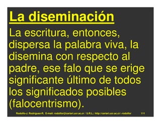 La diseminación
La escritura, entonces,
dispersa la palabra viva, la
disemina con respecto al
padre, ese falo que se erige
significante último de todos
los significados posibles
(falocentrismo).
 Rodolfo-J. Rodríguez-R. E-mail: rodolfor@cariari.ucr.ac.cr / U.R.L.: http://cariari.ucr.ac.cr/~rodolfor   111
 