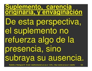Suplemento, carencia
originaria, y envaginación
De esta perspectiva,
el suplemento no
refuerza algo de la
presencia, sino
subraya su ausencia.
 Rodolfo-J. Rodríguez-R. E-mail: rodolfor@cariari.ucr.ac.cr / U.R.L.: http://cariari.ucr.ac.cr/~rodolfor   124
 