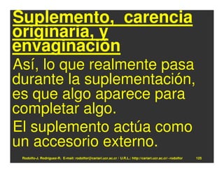 Suplemento, carencia
originaria, y
envaginación
Así, lo que realmente pasa
durante la suplementación,
es que algo aparece para
completar algo.
El suplemento actúa como
un accesorio externo.
 Rodolfo-J. Rodríguez-R. E-mail: rodolfor@cariari.ucr.ac.cr / U.R.L.: http://cariari.ucr.ac.cr/~rodolfor   125
 