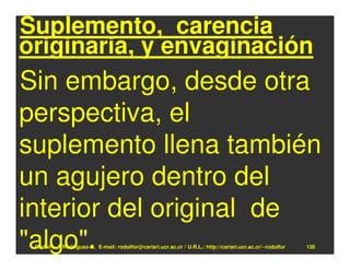 Suplemento, carencia
originaria, y envaginación
Sin embargo, desde otra
perspectiva, el
suplemento llena también
un agujero dentro del
interior del original de
"algo".
 Rodolfo-J. Rodríguez-R. E-mail: rodolfor@cariari.ucr.ac.cr / U.R.L.: http://cariari.ucr.ac.cr/~rodolfor   126
 