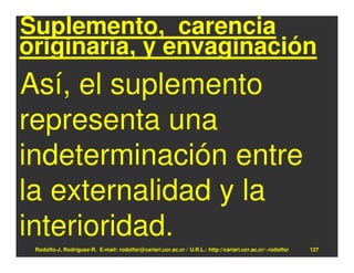 Suplemento, carencia
originaria, y envaginación
Así, el suplemento
representa una
indeterminación entre
la externalidad y la
interioridad.
 Rodolfo-J. Rodríguez-R. E-mail: rodolfor@cariari.ucr.ac.cr / U.R.L.: http://cariari.ucr.ac.cr/~rodolfor   127
 