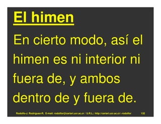 El himen
En cierto modo, así el
himen es ni interior ni
fuera de, y ambos
dentro de y fuera de.
Rodolfo-J. Rodríguez-R. E-mail: rodolfor@cariari.ucr.ac.cr / U.R.L.: http://cariari.ucr.ac.cr/~rodolfor   132
 