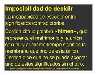 Imposibilidad de decidir
La incapacidad de escoger entre
significados contradictorios.
Derrida cita la palabra «himen», que
representa el matrimonio y la unión
sexual, y al mismo tiempo significa la
membrana que impide esta unión.
Derrida dice que no se puede aceptar
uno de estos significados sin el otro.
  Rodolfo-J. Rodríguez-R. E-mail: rodolfor@cariari.ucr.ac.cr / U.R.L.: http://cariari.ucr.ac.cr/~rodolfor   134
 