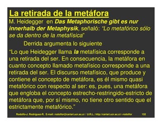 La retirada de la metáfora
M. Heidegger en Das Metaphorische gibt es nur
innerhalb der Metaphysik, señaló: “Lo metafórico sólo
se da dentro de la metafísica”
       Derrida argumenta lo siguiente
“Lo que Heidegger llama la metafísica corresponde a
una retirada del ser. En consecuencia, la metáfora en
cuanto concepto llamado metafísico corresponde a una
retirada del ser. El discurso metafísico, que produce y
contiene el concepto de metáfora, es él mismo quasi
metafórico con respecto al ser: es, pues, una metáfora
que engloba el concepto estrecho-restringido-estricto de
metáfora que, por sí mismo, no tiene otro sentido que el
estrictamente metafórico.”
  Rodolfo-J. Rodríguez-R. E-mail: rodolfor@cariari.ucr.ac.cr / U.R.L.: http://cariari.ucr.ac.cr/~rodolfor   152
 