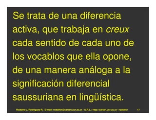 Se trata de una diferencia
activa, que trabaja en creux
cada sentido de cada uno de
los vocablos que ella opone,
de una manera análoga a la
significación diferencial
saussuriana en lingüística.
Rodolfo-J. Rodríguez-R. E-mail: rodolfor@cariari.ucr.ac.cr / U.R.L.: http://cariari.ucr.ac.cr/~rodolfor   17
 