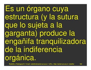 Es un órgano cuya
estructura (y la sutura
que lo sujeta a la
garganta) produce la
engañifa tranquilizadora
de la indiferencia
orgánica.
 Rodolfo-J. Rodríguez-R. E-mail: rodolfor@cariari.ucr.ac.cr / U.R.L.: http://cariari.ucr.ac.cr/~rodolfor   184
 