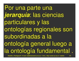 Por una parte una
jerarquía: las ciencias
particulares y las
ontologías regionales son
subordinadas a la
ontología general luego a
la ontología fundamental .
 Rodolfo-J. Rodríguez-R. E-mail: rodolfor@cariari.ucr.ac.cr / U.R.L.: http://cariari.ucr.ac.cr/~rodolfor   191
 